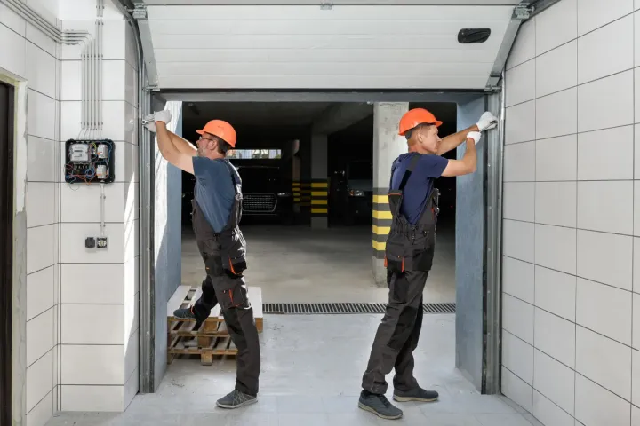 Two technicians aligning a garage door panel at a parking garage entrance