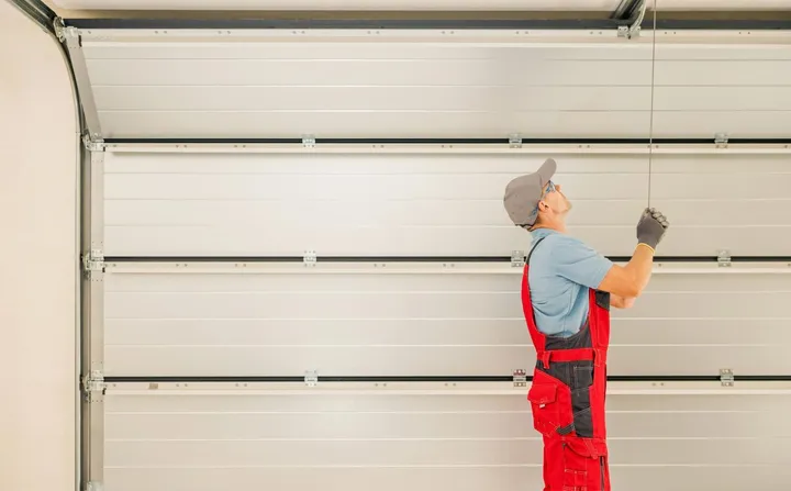 Technician pulling a garage door release cord while carrying a toolbox in Gilbert, AZ