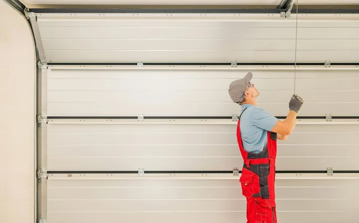 Technician pulling the emergency release cord to check door balance on a Komatke, AZ garage door spring call