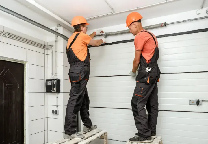 Two technicians on a work plank fitting a torsion spring above a white sectional garage door in Chandler, AZ