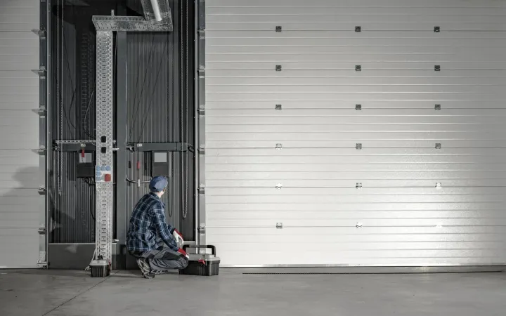 Technician kneeling with a toolbox to inspect a garage door track